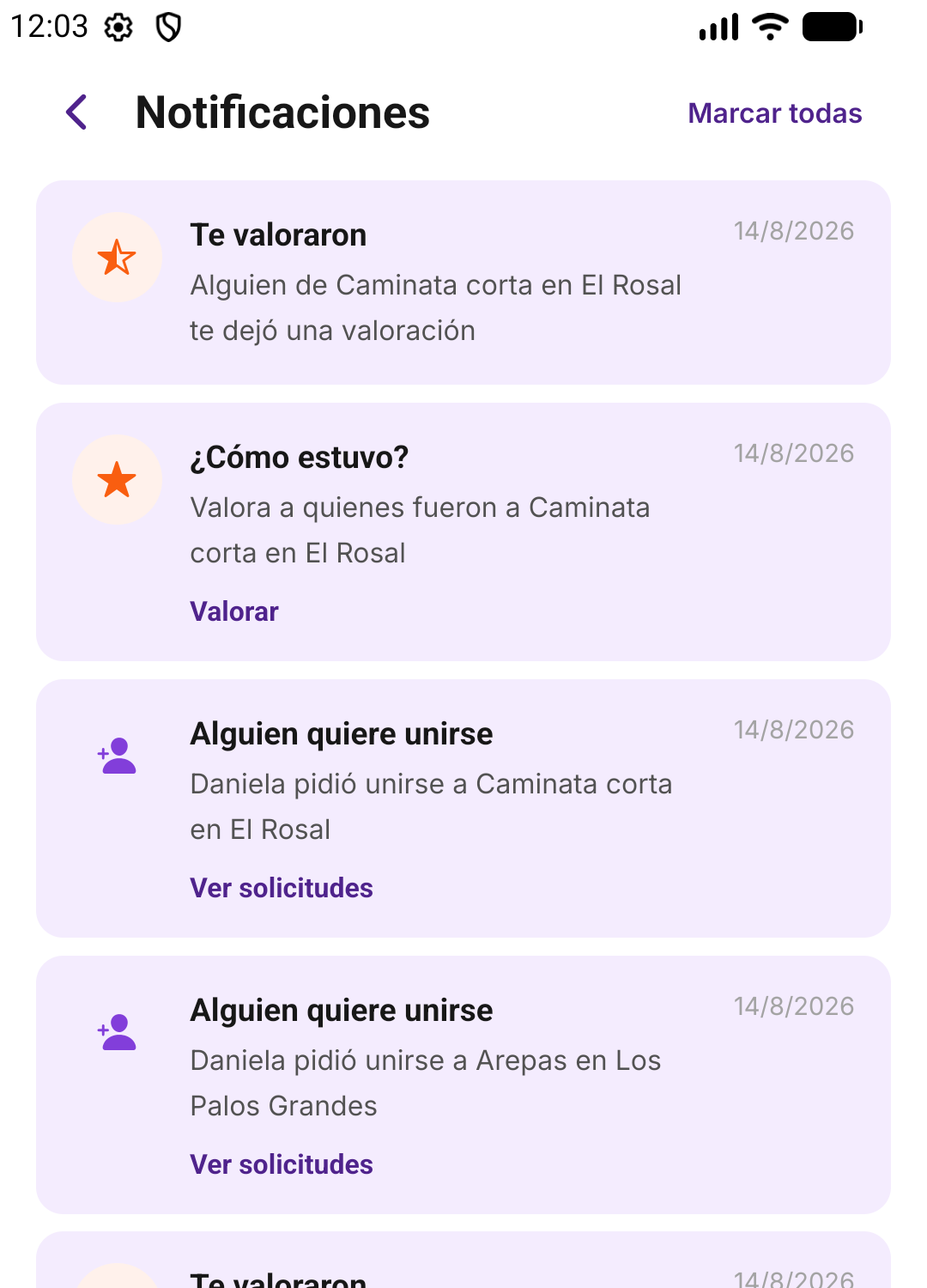Lista de notificaciones: solicitudes de gente que quiere unirse a un plan y avisos de valoraciones recibidas.