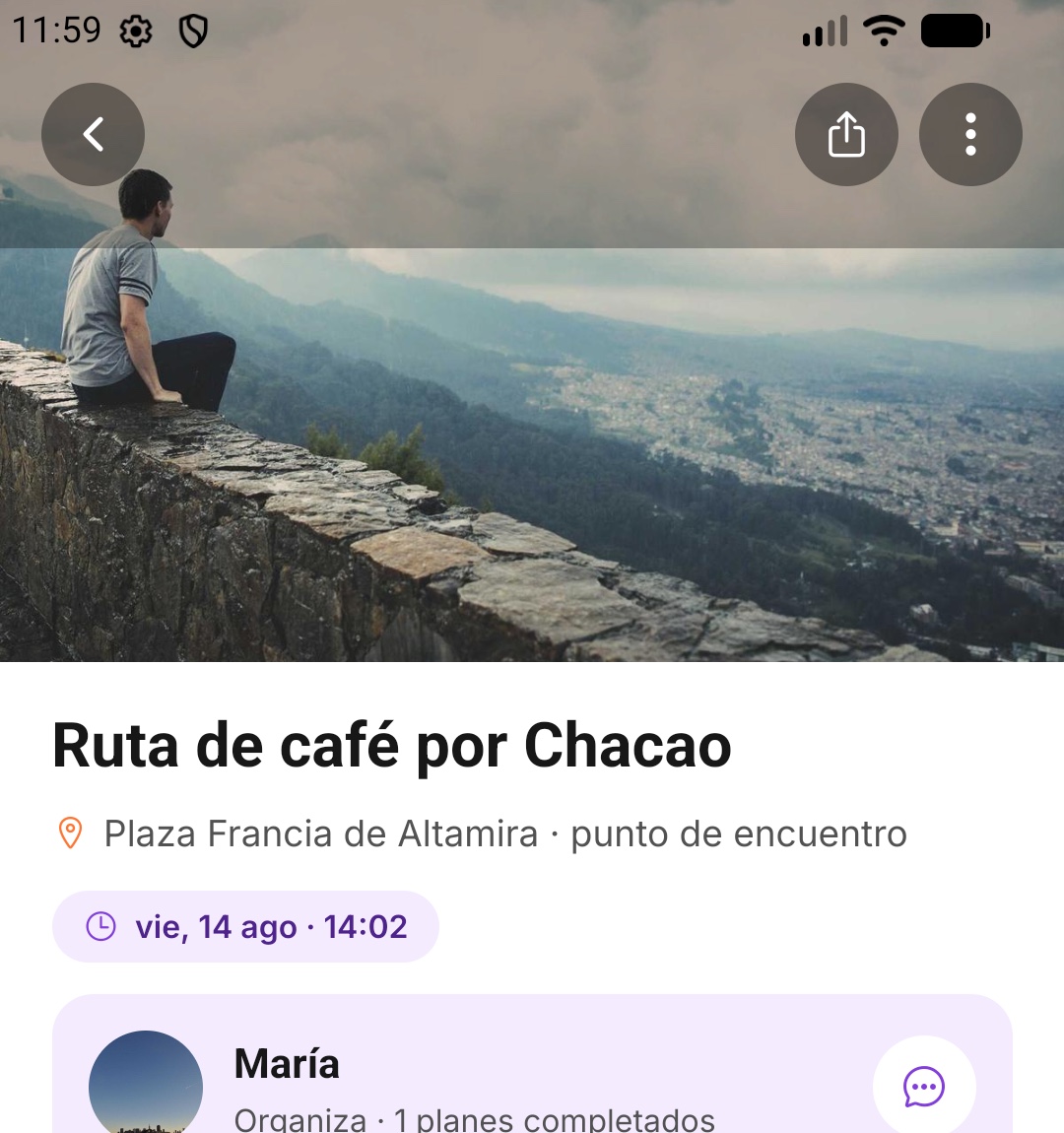 Detalle de un plan llamado «Ruta de café por Chacao» con su foto, el punto de encuentro, la fecha y la persona que lo organiza.